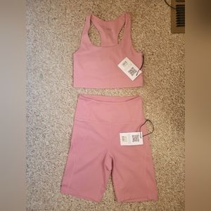 Girlfriend Collective sports bra and bike skirt set